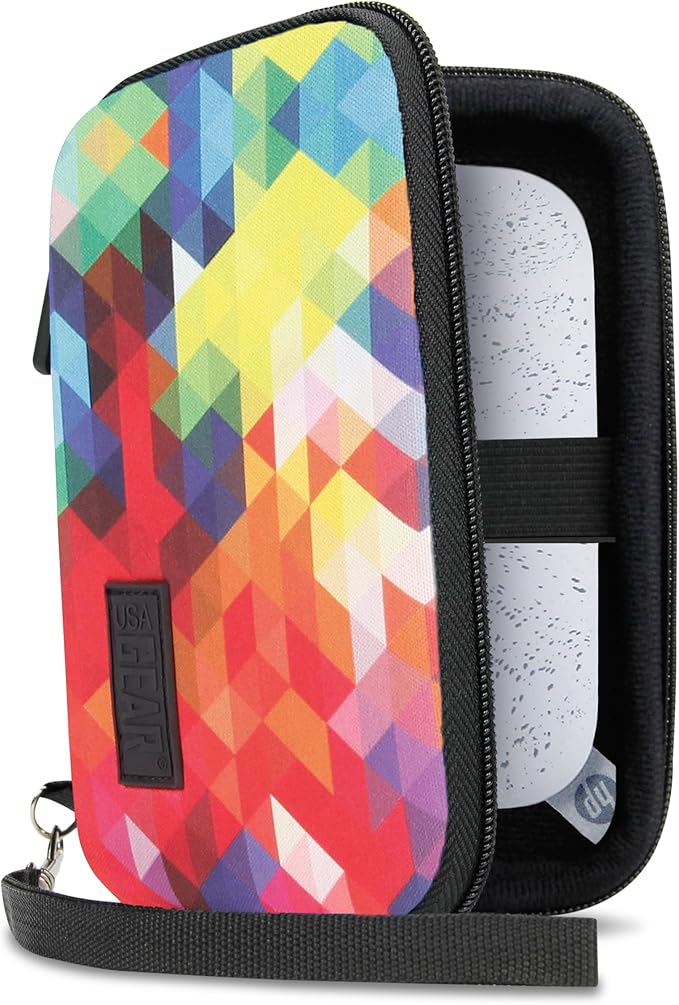 USA Gear Instant Printer Case Compatible with HP Sprocket 2x3, Instax Mini Link 2, Kodak Printomatic, Photo Paper, Cable & more - Hard Shell Portable Printer Carrying Case with Wrist Strap (Geometric)