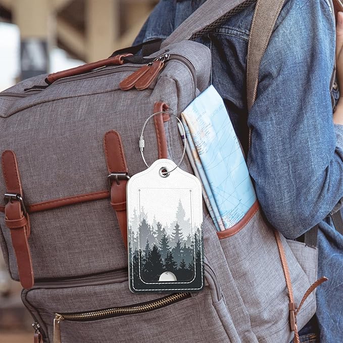 Luggage Tags for Suitcase, 2 Pack PU Leather Travel Cruise Luggage Tag with Privacy Flap, Name ID Label and Metal Loop for Women Men Girls Suitcase Baggage Bag Backpack, Ink Forest
