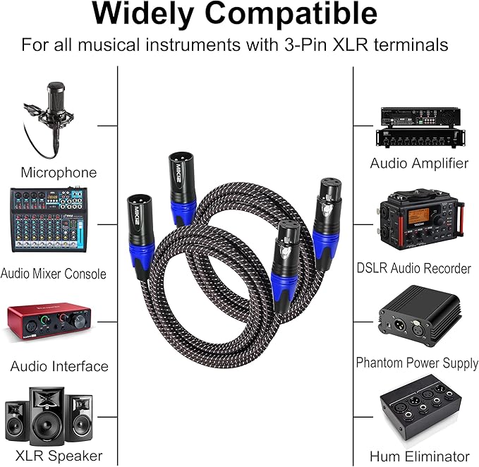 XLR Cables Braided 6ft 2 Pack Color Coded in Blue - Premium Anti-tangling XLR Patch Cables Short for Microphone DJ