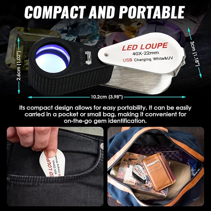 40x Jewelers Loupe Magnifier with UV & LED Lights, 22mm Triplet Lens Rechargeable Jewelers Loupe Foldable Jewelry Magnifier Portable Jewelry Magnifier Inspection Loupe for Gems, Jewelry, Coins, Rocks