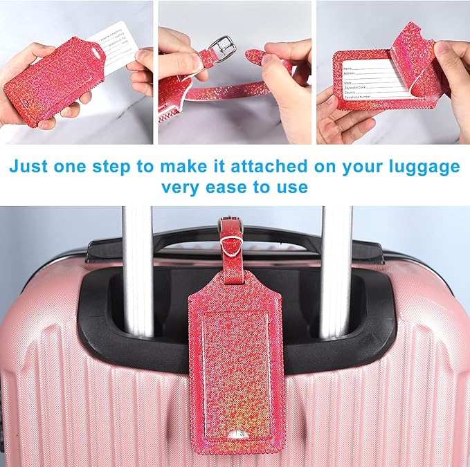 ACdream Luggage Tags 2 Pack, Leather Suitcase Tags Identifiers, Cute Cruise ID Labels with Privacy Cover fits on Backpack, Travel Bag, for Women, Men, Adults, Kids, Red Glitter