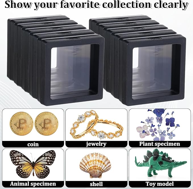 Prasacco 60 Pcs Floating Display Case,Coin Frame Displays Holder Stands Black 3D Floating Display Case for Challenge Coin Rock Pin Shells Specimen Jewelry(2.75×2.75×0.8 Inches)