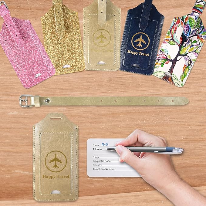 ACdream Luggage Tags 2 Pack, Leather Suitcase Tags Identifiers, Cute Cruise ID Labels with Privacy Cover fits on Backpack, Travel Bag, for Women, Men, Adults, Kids, Gold