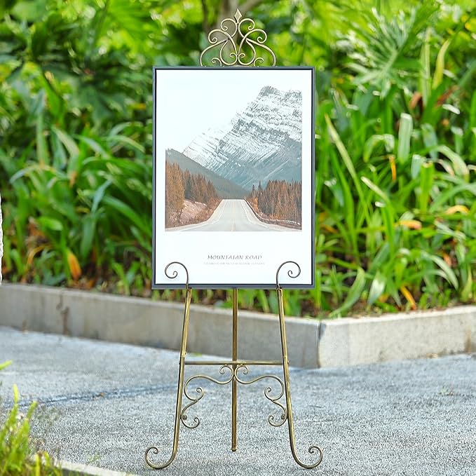 Vintage Metal Free Standing Adjustable Display Stand Easel with Chain Support, Extra Large Scroll Floor Standing Easel for Display Mirror Wedding Welcome Signs Picture Frame
