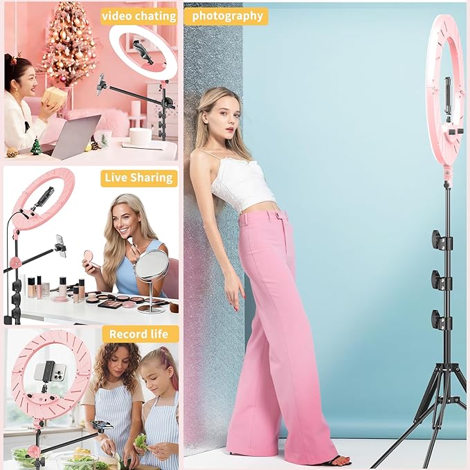 55W18 45cm Ring Light Kit [New Version] 6700K Dimmable LEDRinglightTripod Stand Dual Phone Holder for iPhone Selfie Makeup LashTattoo Studio Lighting Painting,Photo Video Recording (Pink)