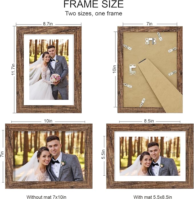 7x10 Picture Frame Set of 4, Made of Real Glass and Rustic Brown Frame - Display 5.5 x 8.5 Diploma Frame with Mat or 7x10 Without Mat, 7 by 10 Photo for Wall or Tabletop