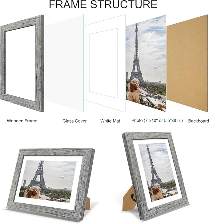 7x10 Picture Frame Set of 4, Made of Real Glass and Grey Frame - Display 5.5 x 8.5 Diploma Frame with Mat or 7x10 Without Mat, 7 by 10 Photo for Wall or Tabletop