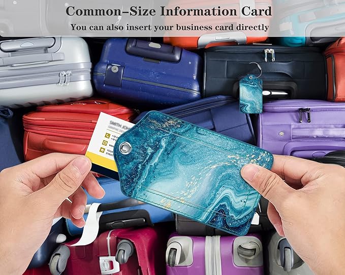 (Set of 2) Luggage Tag Leather Privacy Cover ID Label Address Card with Stainless Steel Loop, Travel Bag Tags Suitcase Labels, Flowing Blue