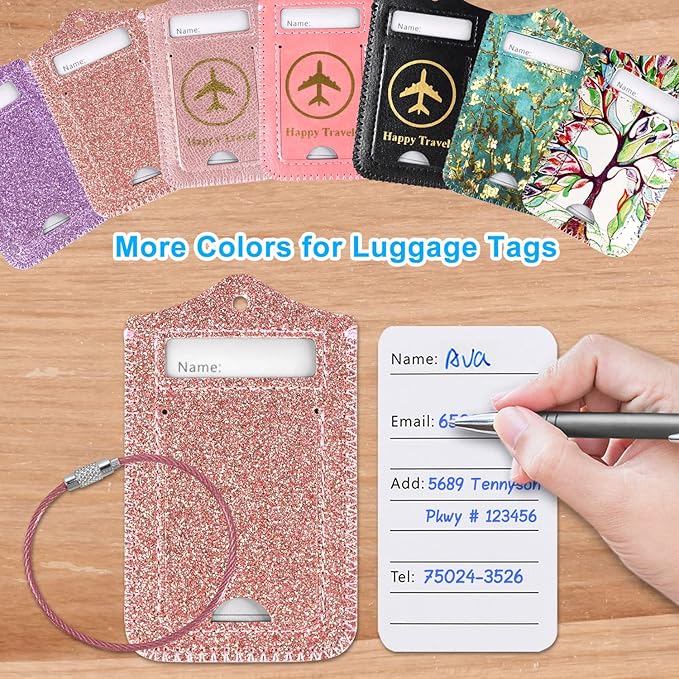 ACdream Luggage Tags 2 Pack, Leather Suitcase Tags Identifiers, Cute Cruise ID Labels with Privacy Cover fits on Backpack, Travel Bag, for Women, Men, Adults, Kids, Glitter Rose