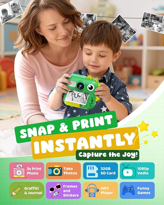KOKODI Kids Camera Instant Print, Toddler Cameras Christmas Birthday Gifts for Girls Age 3-12, Digital Video Instant Printable Camera for Kids,Toys for Ages 5-7 Girls (Green)