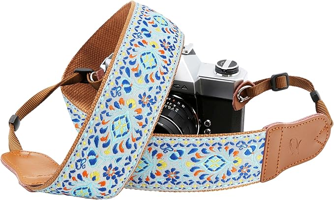 Padwa Lifestyle Blue Vintage Embroidered Camera Strap - 2" Pure Cotton Cowhide Ends Camera Straps for All DSLR/SLR Cameras, Adjustable Universal Strap,Great Gift for Men & Women Photographers