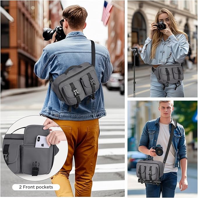 Camera Sling Bag,DSLR Camera Bag with Tripod Holder,Waterproof Camera Shoulder Crossbody Bag for Photographers (Grey)