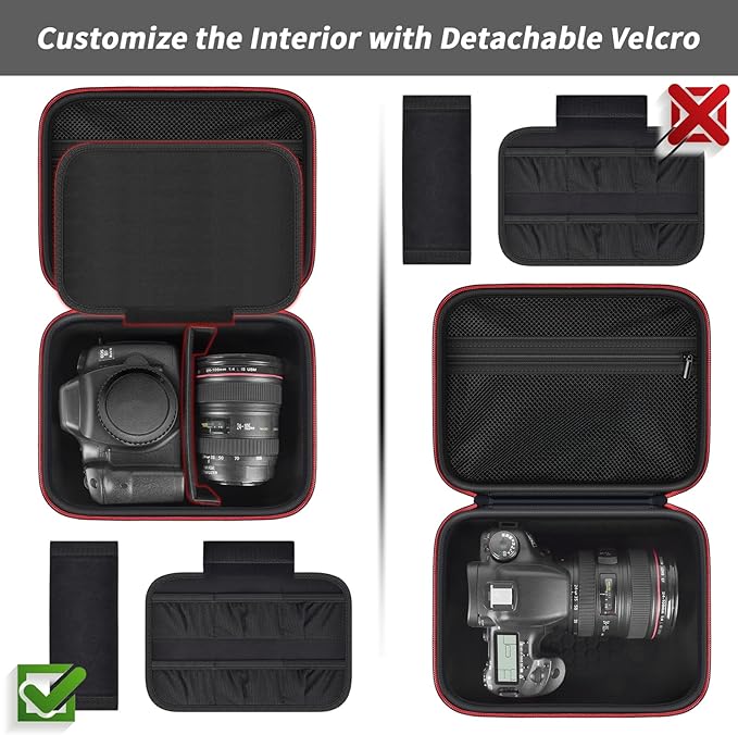 Comecase Hard Camera Case for Canon EOS Rebel T7 R50 R100 R10 R5 R6 R8 Mark II, DSLR Mirrorless Camera Bag with 6 Slots &Adjustable Divider for Lens and Accessories, Travel Storage, Black+Red Zipper