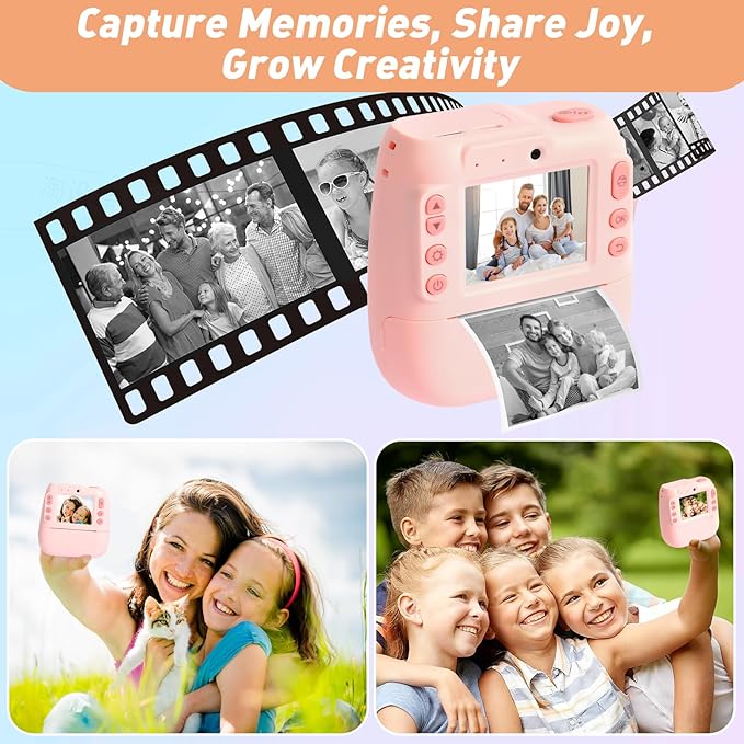 Kids Instant Print Camera with Thermal Printer – Pink Mini Digital Camera for Girls Boys Ages 3-12, USB Rechargeable, Fun DIY Stickers, Selfie Mode – Toy for Christmas Holiday Birthday Gifts (Pink)