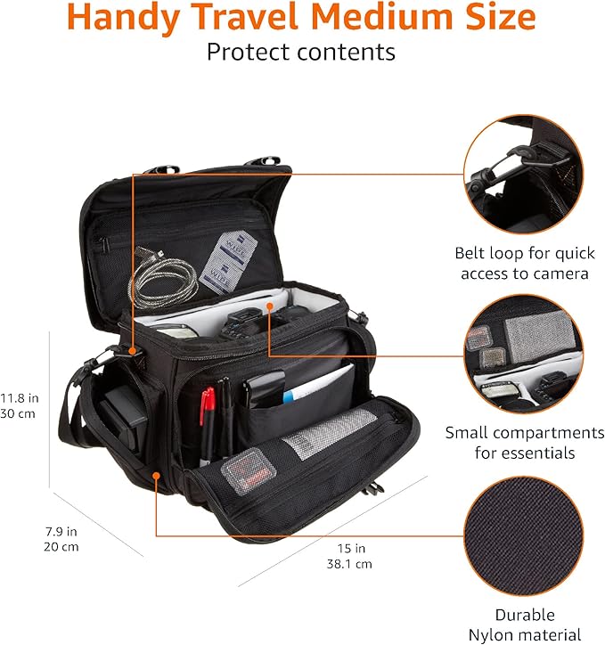 Amazon Basics Large DSLR Gadget Bag for Camera Storage with Shoulder Strap, Black with Grey Interior