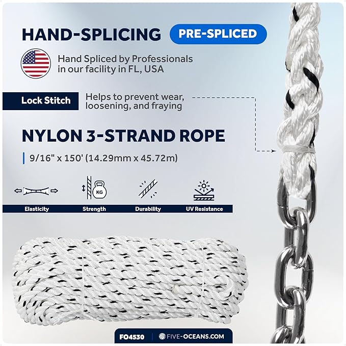 Five Oceans Windlass Anchor Rode, Hand-Spliced Anchor Rope and Chain Combination Kit, Nylon 3-Strand Rope, HT G4 Stainless Steel Chain for Boat Anchor System - Multiple Sizes