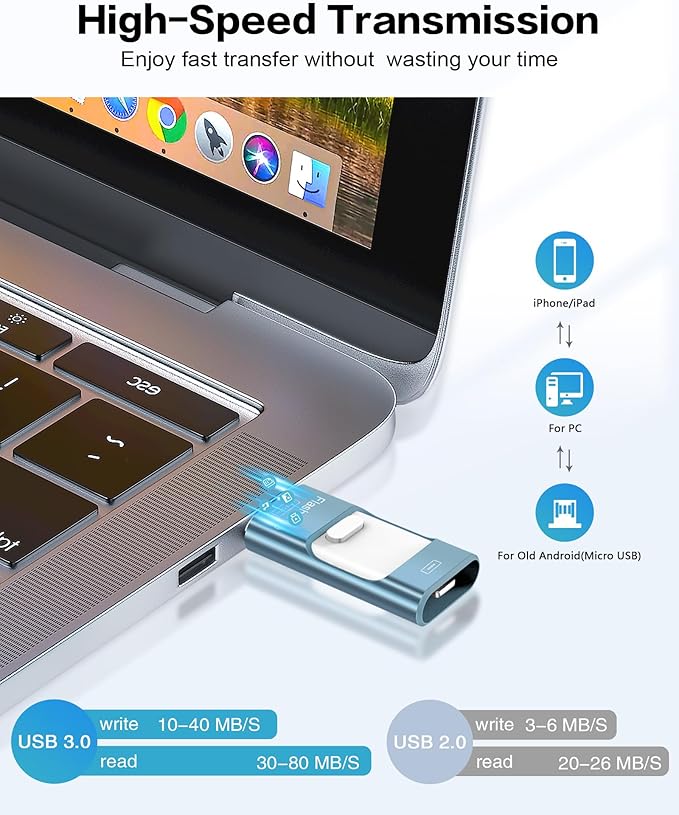 128GB Flash Drive for iPhone Photo Stick,Thumb Drive USB Stick High Speed Transfer USB Drives External Picture Video Storage Memory Expansion for iPhone/iPad/PC (Blue)