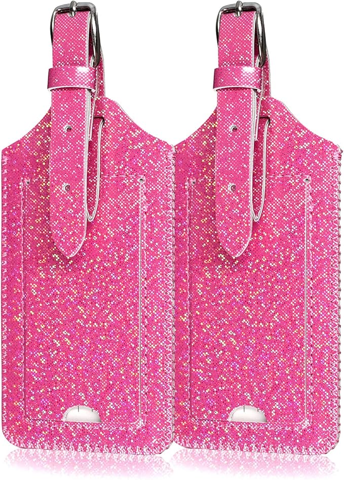 ACdream Luggage Tags 2 Pack, Leather Suitcase Tags Identifiers, Cute Cruise ID Labels with Privacy Cover fits on Backpack, Travel Bag, for Women, Men, Adults, Kids, Hot Pink Glitter