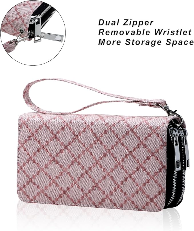 Cellphone Wallet for Women Dual Zipper Long Purse with Removable Wristlet