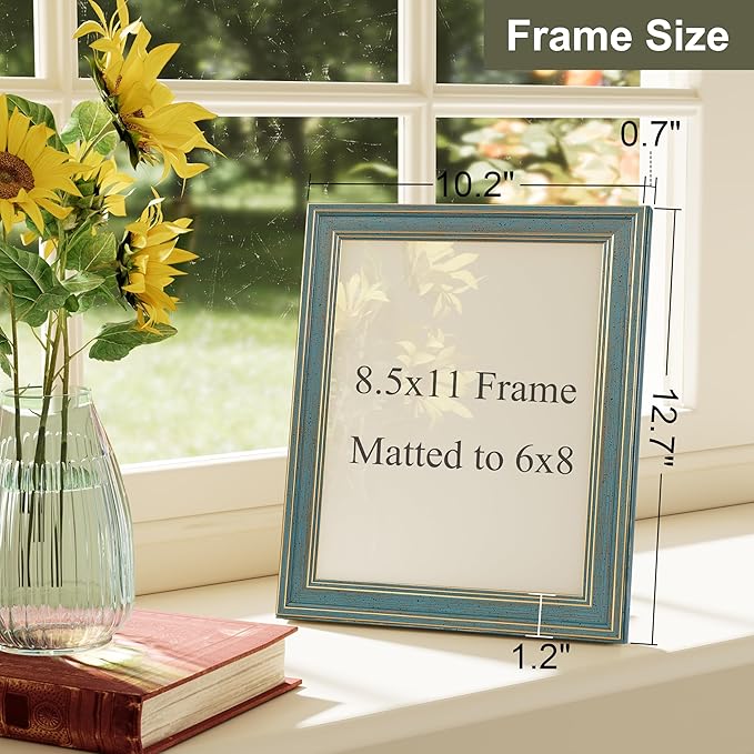 Vittanly 8.5x11 Picture Frame Set of 4, Vintage Photo Frame for Wall Mount, Display 6x8 Pictures with Mat or 8.5x11 without Mat, Rustic Farmhouse Home Decor, Blue