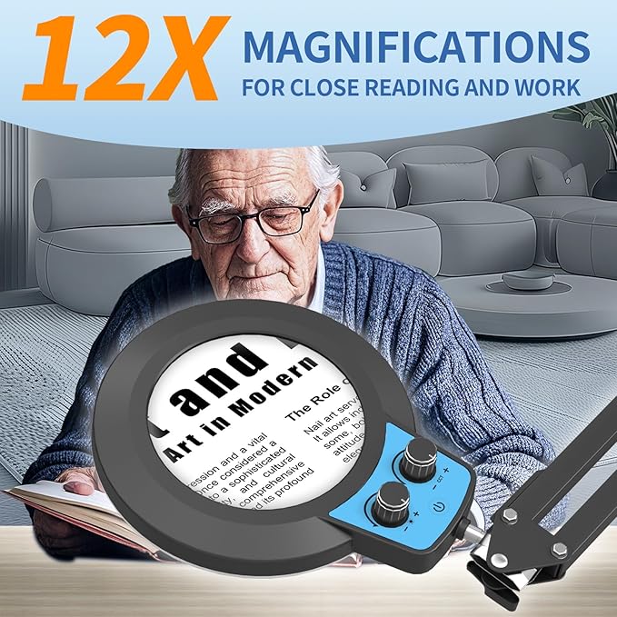 HITTI 12X Long Magnifying Glass with Light, 2026 Upgrade Infinite Color and Brightness LED Desk Lamp with Clamp, Hands Free Magnifier Light and Stand for Workbench Crafts Reading Painting - Blue