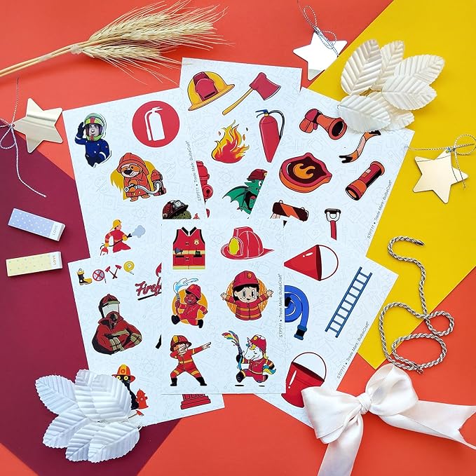 BulbaCraft Firefighter Stickers for Kids, 100Pcs Vinyl Decals, Waterproof, Reusable, Party Favors, School Supplies, Fire Truck Theme, Unisex