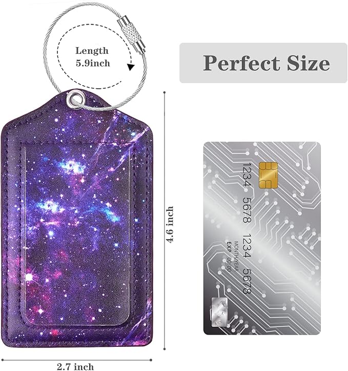 (Set of 2) Luggage Tag Leather Privacy Cover ID Label Address Card with Stainless Steel Loop, Travel Bag Tags Suitcase Labels, Nebula