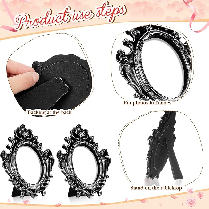 Maitys 15 Pcs Mini Picture Vintage Frames with Stands Tiny Antique Photo Baroque Ornate Resin Oval Frame Table Top Display Home Wedding Decor (Black Silver)