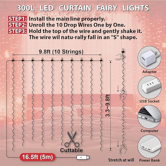 HXWEIYE 300LED Fairy Curtain Lights, 9.8x9.8Ft USB Plug-in 8 Modes Christmas String Hanging Lights with Remote for Bedroom Backdrop Wedding Indoor Wall Decor, Red, Standard – 1 Pack