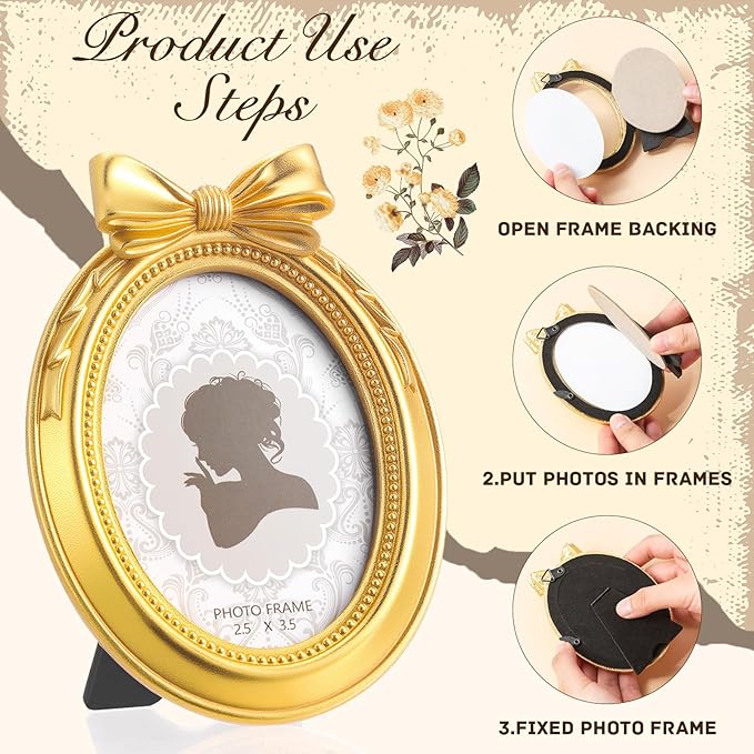 Vicenpal 3 Pcs Mini Gold Frames Small Vintage Picture Frames 2.5 x 3.5 Inch Oval Resin Antique Baroque Ornaments with Glass Panel and Rack Stands