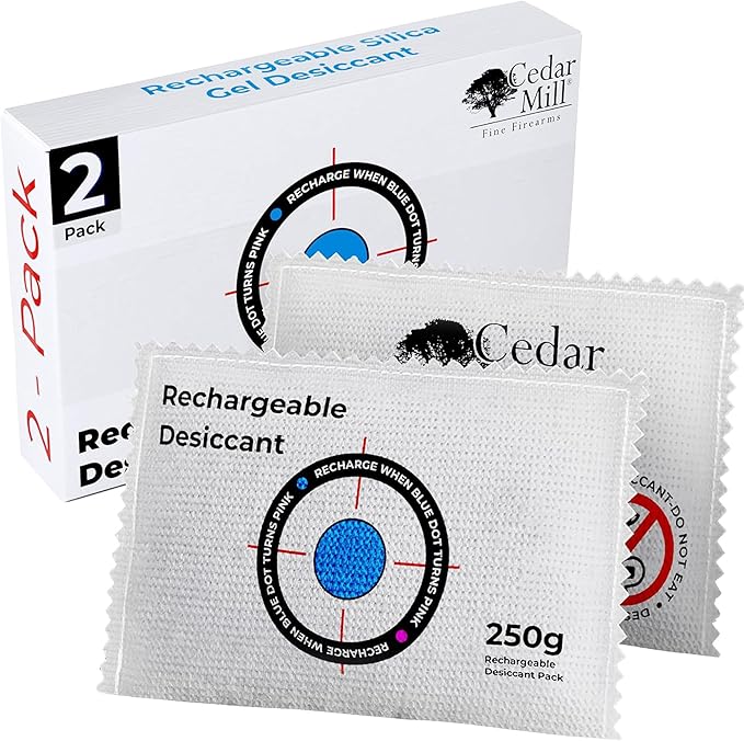 Cedar Mill Fine Firearms Gun Safe Dehumidifier – 250g Rechargeable Desiccant Packs - Reusable Moisture Absorbers for Gun Safes, Firearms, Closet, Car - Pack of 2