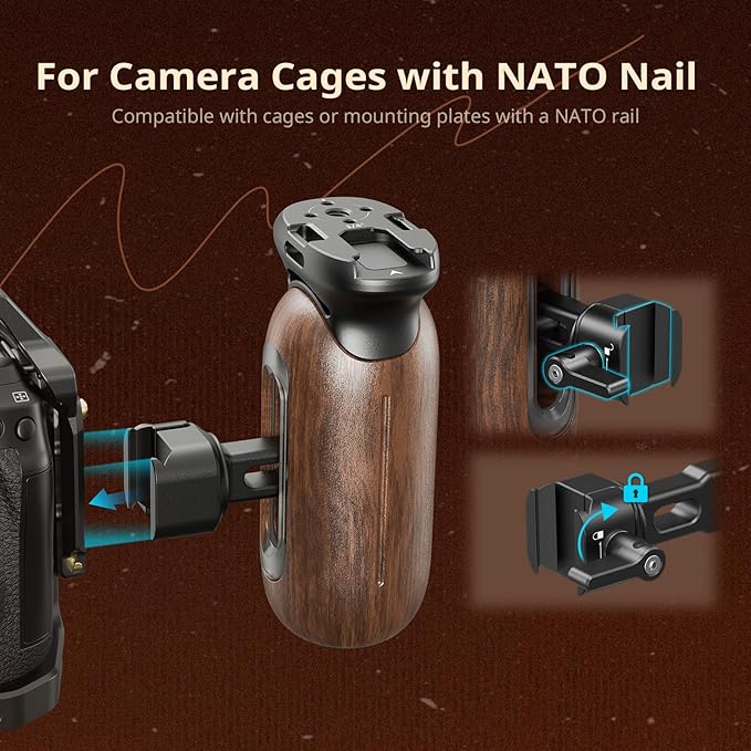 SmallRig Wooden Side Handle for Camera Cages with NATO Clamp, Left or Right Side Ergonomic Handgrip, 27mm / 1.06in Up/Down Vertical Adjustment, 15kg / 33.1lb Load Capacity