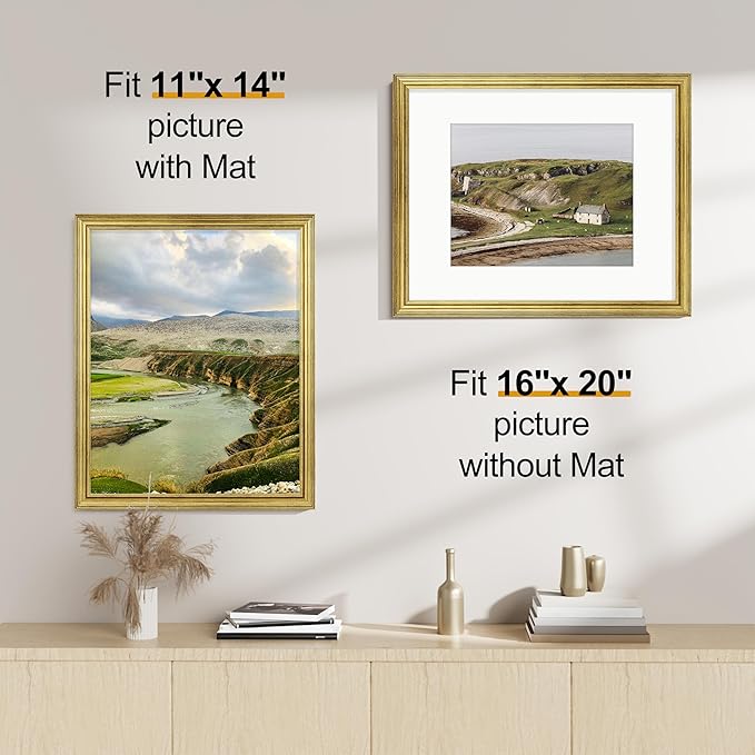 Vittanly 16x20 Picture Frames Set of 2, Ornate Vintage Photo Frame for Wall Mount, Display 11x14 Pictures with Mat or 16x20 without Mat, Rustic Gold