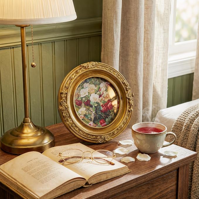 Cuspin Vintage Picture Frame 4x4 Gold Frames, Ornate Round Resin Photo Frame with Glass Front, Small Retro Circle Frame for Wall Hanging or Tabletop Display, Home Decor