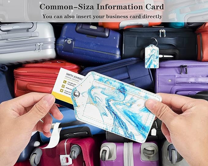(Set of 2) Luggage Tag Leather Privacy Cover ID Label Address Card with Stainless Steel Loop, Travel Bag Tags Suitcase Labels, Blue Marble