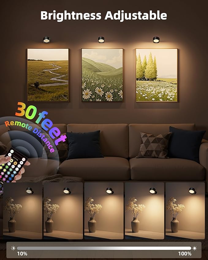Wall Mounted Lights, 3 Pack Rechargeable RGB Color Changing Light, 3 Color Temps & Remote and Touch, 360°Rotation Dimmable Cordless for Study Bedroom Reading Bedside (Black)