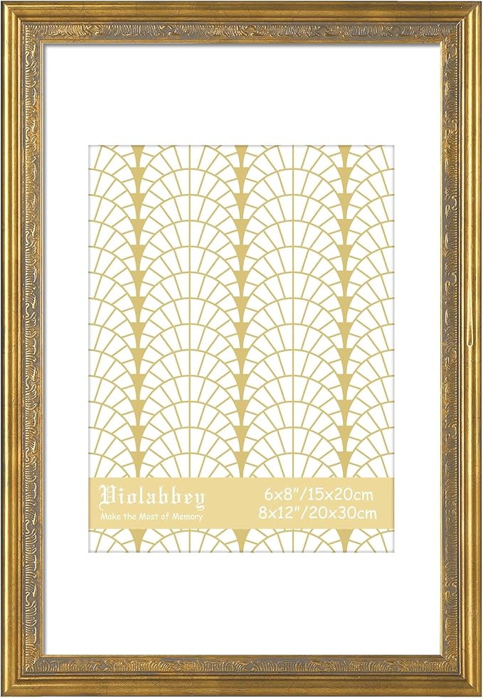 VIOLABBEY 8x12 Matte Gold Picture Frame, Display 6x8 Photo with Mat or 8x12 without Mat, Ornate Vintage 8 x 12 Matte Gold Frame for Wall Decor or Tabletop Display