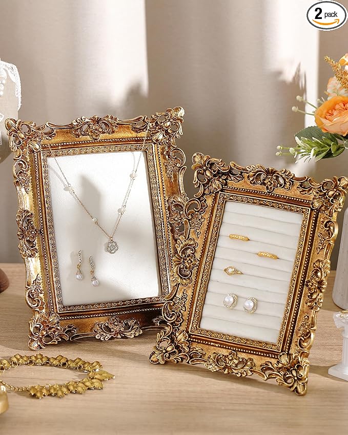 2 Pcs Gold Jewelry Display Stand Vintage Necklace Organizer Ring Holder Earring Tray Resin Jewelry Photography Props Frame with Velvet Backing for Gifts (White,Large,Small,Hollowed out)