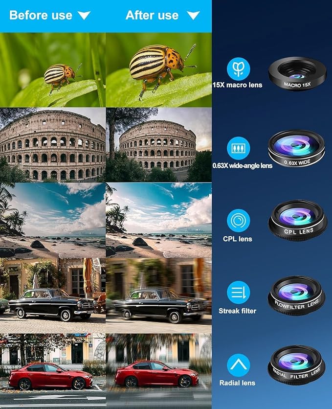 10 in 1 Phone Camera Lens Kit - Wide/Macro/Telephoto/Fisheye + CPL/Star Filters, for iPhone & Android, HD Pouch Universal Phone Lens Clip and Black Portable Bag for Most of Smartphone