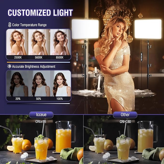 2-Pack LED Video Light Kit with 63'' Tripod Stand, 2500K-8500K Dimmable Studio Light Photography Panel Lighting for Video Recording Game Live Streaming Podcast YouTube Filming, Phone Holder