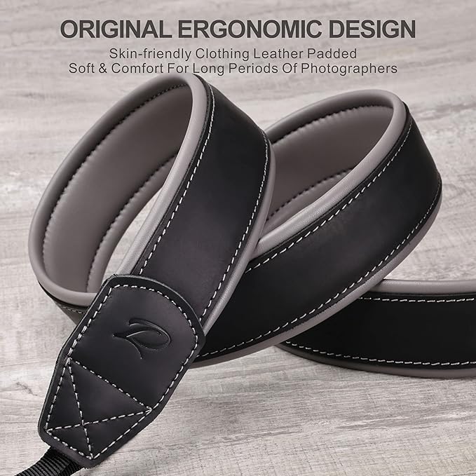 Padwa Lifestyle Black Padded Leather Camera Strap - Full Grain Genuine Cowhide Camera Straps with Gray Thick Skin-friendly Clothing Leather Padded,Soft&Comfort Strap for Long Periods of Photographers