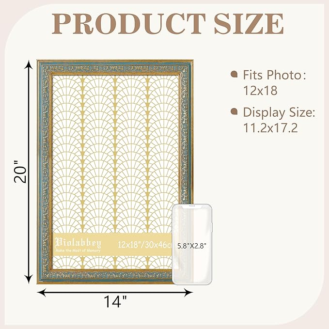 VIOLABBEY 12x18 Picture Frame Blue, Vintage Photo Frames Ornate without Mat for Wall Hanging