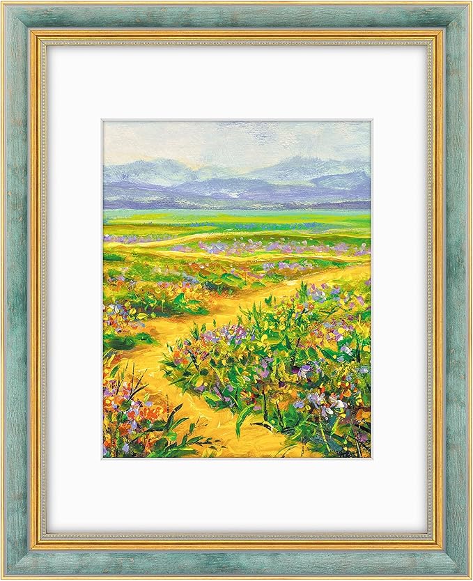 Golden State Art,11x14 Ornate Picture Frame for 8x10 Photo with Mat or 11 x 14 Prints Without Mat, Real Glass Wall Display Horizontally or Vertically (Color:Distressed Blue Gold)