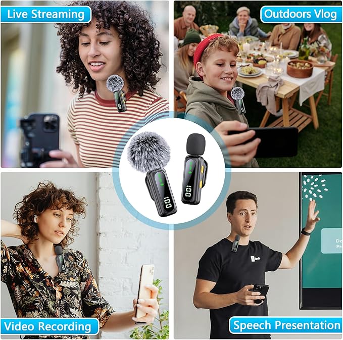 Mini Microphone for iPhone 15 16/iOS/Android Devices, LED Display Wireless Microphones for Video Recording, Lavalier Microphone Clip on Lapel Lav Mics for Vlog YouTube TikTok