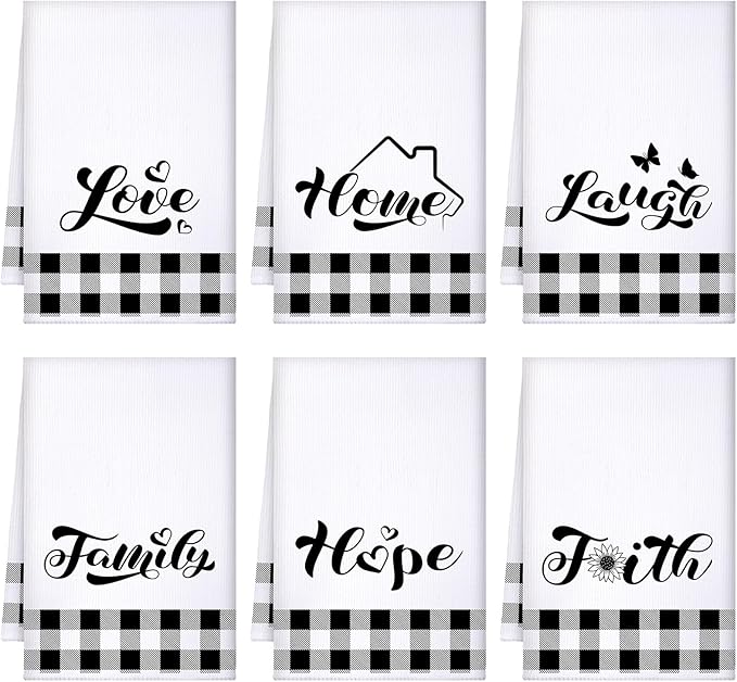 Preboun 6 Pcs Christmas Buffalo Plaid Kitchen Towels Black and White Dish Hand Towels for Kitchen Love Home Family Tea Cloth Decorative Farmhouse Absorbent for Bathroom Decor