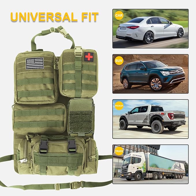Universal Tactical Car Seat Back Organizer Bag Tactical Molle Vehicle Organizers Panel Gear Accessories with 5 Different Size Molle Pouches for Car Truck Ford Jeep Vehicle (A style-Military green)