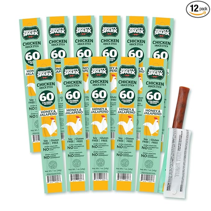 Mighty Spark Chicken Snack Sticks - Honey and Jalapeno - 6g of Protein, No Antibiotics Ever, No Hormones Added, Gluten Free, Soy Free Meat Sticks - High Protein Keto Snacks, Weight Watchers Approved Snacks - 12 Count