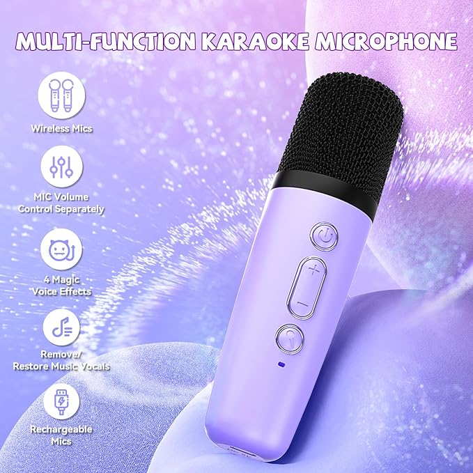 Upgraded Mini Karaoke Machine with 3 Wireless Microphones for Kids Girls Boys - Karaoke Party Speaker Christmas Birthday Gifts for 4 5 6 7 8 9 10 11+ Year Old - Kids' Instrument Accessories - Purple