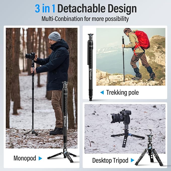SIRUI SVM-145 Rapid Monopod with Feet, 57” Professional Carbon Fiber Camera Monopod, One-Step Rapid Height Adjustment, Modular 3 in 1, Max Load 22lbs