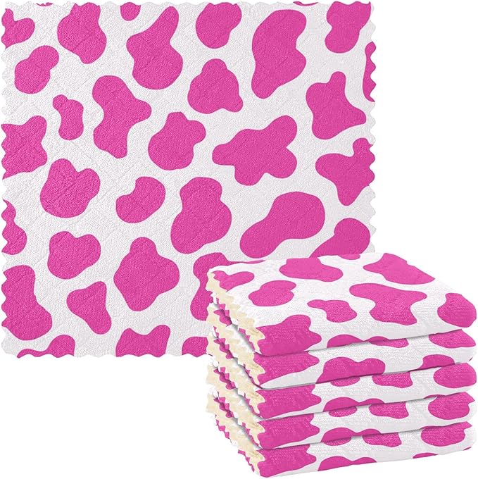 CaTaKu Pink Cow Print Kitchen Dish Cloths, 6 Pack Reusable Dish Rags for Washing Dishes, Microfiber Cleaning Cloths Dish Towels Washcloths for Kitchen Drying